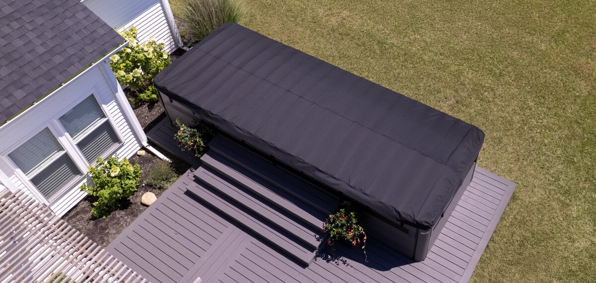 Drone view of a cover on a swim spa.