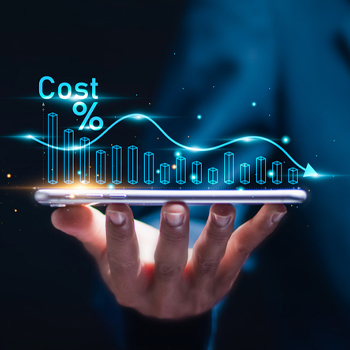 A graphic that shows the word Cost and a percentage sign with a graph trending down.