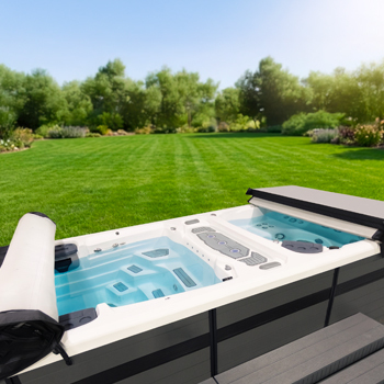 A hybrid swim spa cover showing two different pieces of the cover.